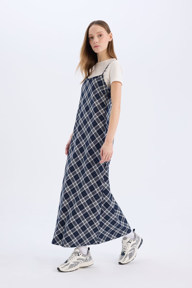 DeFacto Blue Woman V-Neck Plaid Midi Dress Casual - Image 4