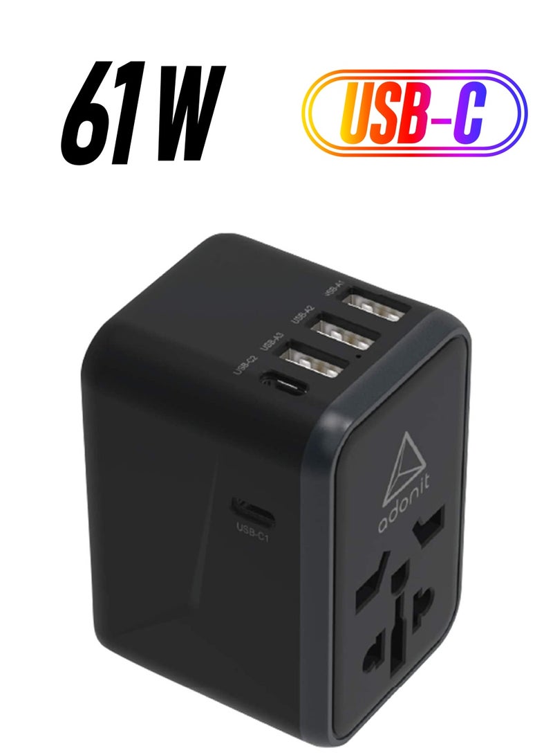 ADONIT Universal Travel Adapter 3 A2C - International Wall Charger PD 61 W (3 USB-A + 2 USB-C) Black - Image 1