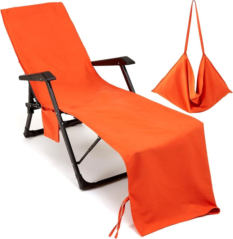 غطاء كرسي الاسترخاء من فوكول مع جيوب جانبية�� سميك وسريع الجفاف، غطاء كرسي الشاطئ، منشفة كرسي المسبح، غطاء كرسي الاسترخاء للمسبح، كرسي الشمس، الفندق، الاستحمام الشمسي، العطلة، باللون البرتقالي - Image 1