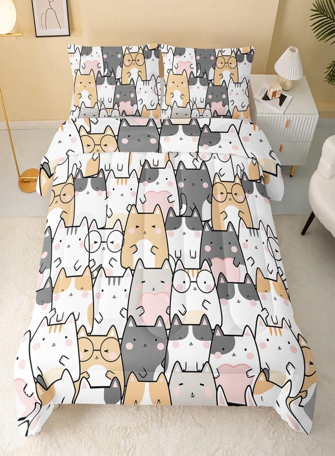 QOOMO Kawaii Cat Comforter Twin Size,Cats Comforter Set for Kids Teens Girls Boys,3Pcs Bedding Set Printed Comforter with 2 Pillowcases,Down Alternative,Soft and Lightweight，Twin Size - Image 2