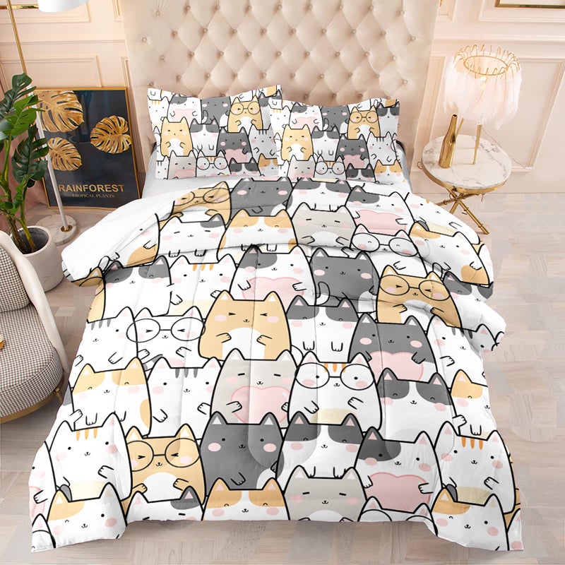 QOOMO Kawaii Cat Comforter Twin Size,Cats Comforter Set for Kids Teens Girls Boys,3Pcs Bedding Set Printed Comforter with 2 Pillowcases,Down Alternative,Soft and Lightweight，Twin Size - Image 1