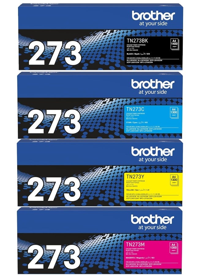 بروذر خراطيش حبر TN-273 CMYK الأصلية مجموعة كاملة عائد قياسي للاستخدام مع طابعة Brother HL-L3210CW، HL-L3270CDW، DCP-L3551CDW، DCP-L3510CDW، MFC-L3750CDW - حزمة 1 مجموعة - Image 1