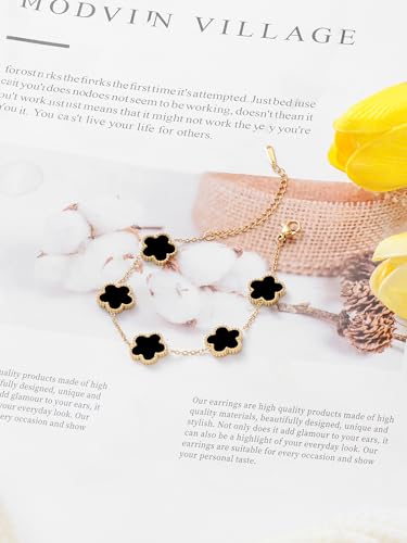 Qinpan 14K Gold Plated Dainty Four Leaf Clover Dot Bracelets for Women Lucky Flower Jewelry (Black-14K Gold Plated) - Image 4