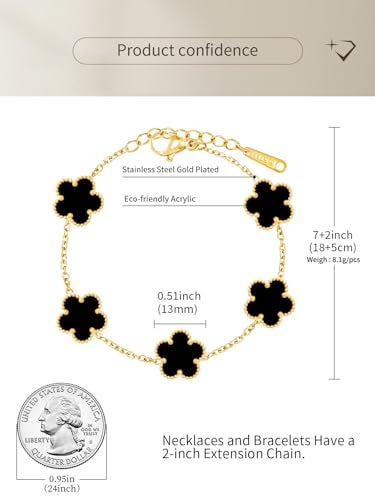 Qinpan 14K Gold Plated Dainty Four Leaf Clover Dot Bracelets for Women Lucky Flower Jewelry (Black-14K Gold Plated) - Image 3