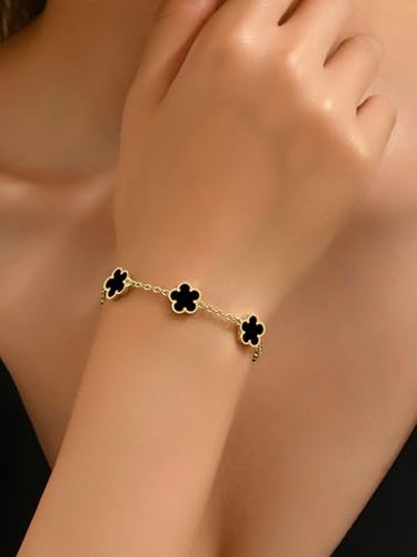 Qinpan 14K Gold Plated Dainty Four Leaf Clover Dot Bracelets for Women Lucky Flower Jewelry (Black-14K Gold Plated) - Image 2
