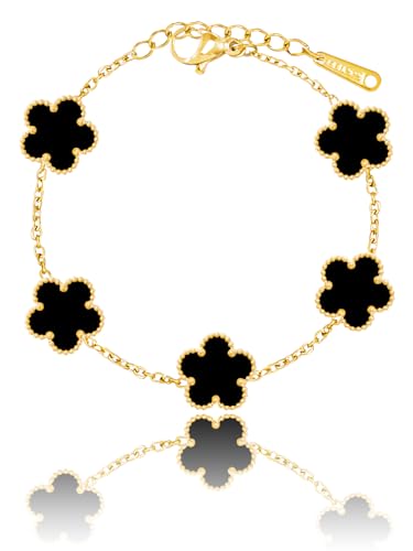 Qinpan 14K Gold Plated Dainty Four Leaf Clover Dot Bracelets for Women Lucky Flower Jewelry (Black-14K Gold Plated) - Image 1