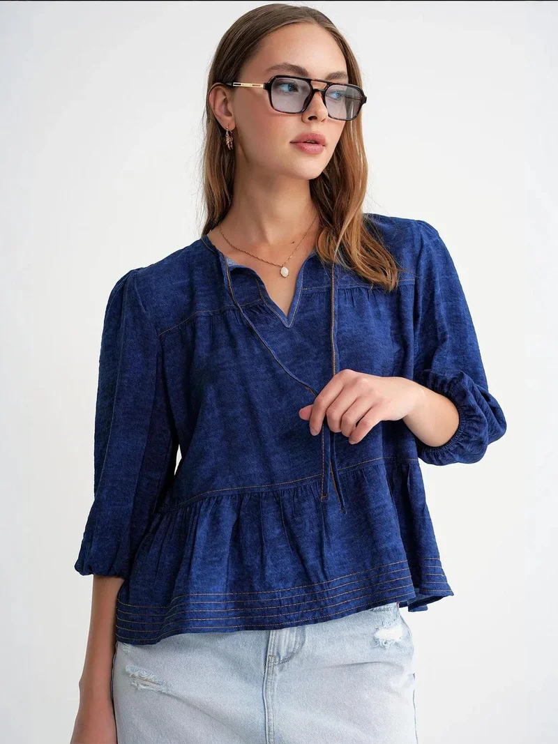 MixRay Mixray Denim Looking Ruffled Balloon Sleeve Blouse