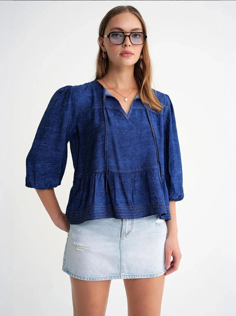 MixRay Mixray Denim Looking Ruffled Balloon Sleeve Blouse