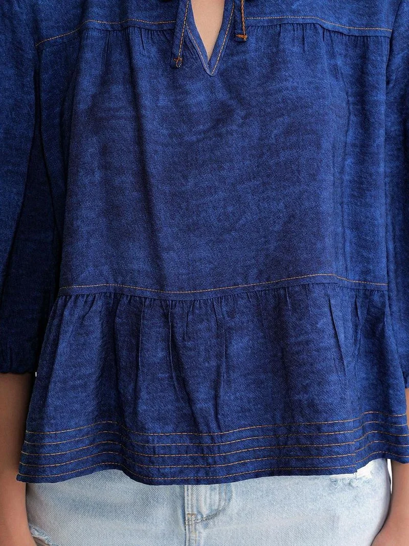 Mixray Navy Blue Mixray Denim Looking Ruffled Balloon Sleeve Blouse for Women | Best Price UAE