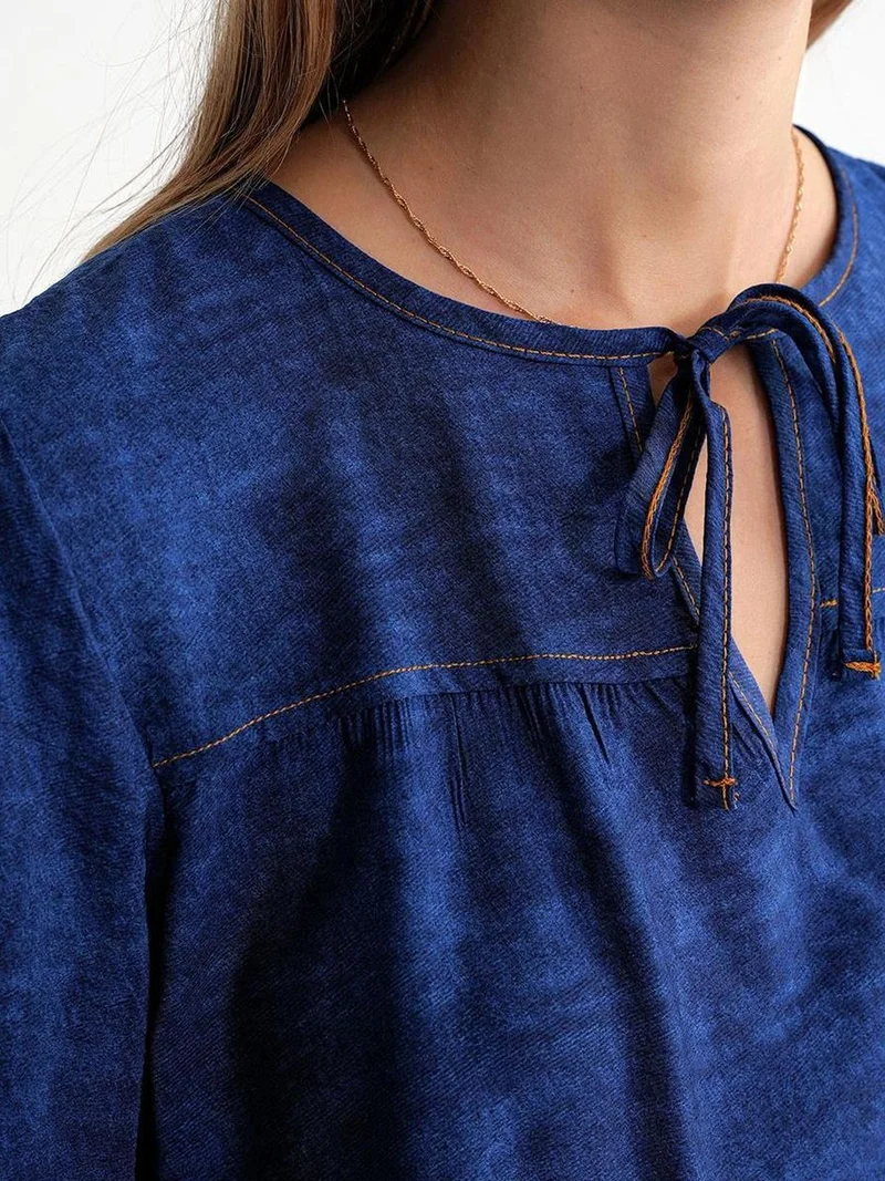 Mixray Navy Blue Mixray Denim Looking Ruffled Balloon Sleeve Blouse for Women | Best Price UAE