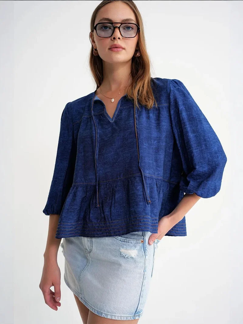 Mixray Navy Blue Mixray Denim Looking Ruffled Balloon Sleeve Blouse for Women | Best Price UAE
