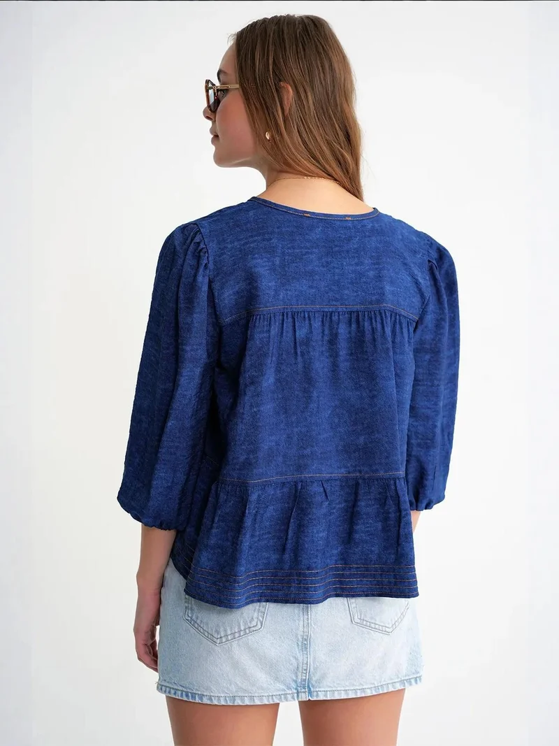Mixray Navy Blue Mixray Denim Looking Ruffled Balloon Sleeve Blouse for Women | Best Price UAE