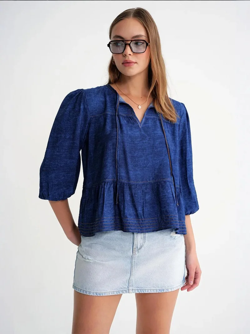 Mixray Navy Blue Mixray Denim Looking Ruffled Balloon Sleeve Blouse for Women | Best Price UAE