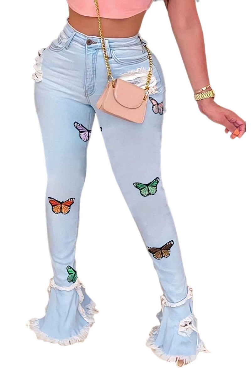 BestGirl Women's Bell Bottom Jeans Destoryed Ripped Flare Jeans Elastic Waist Raw Hem Denim Pants (X-Large, 029Light Blue) - Image 1