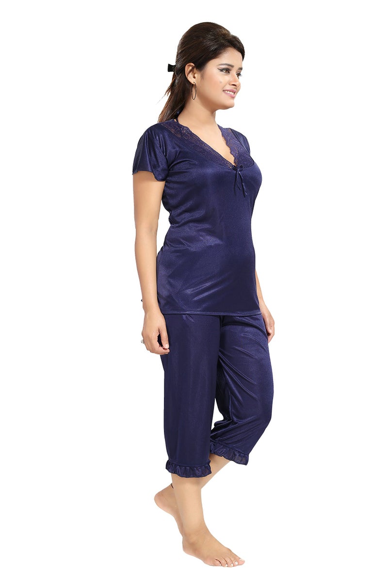 Noty Store Noty Women's Satin Solid Capri Nightwear Set Pack of 7 (Navy Blue, Free Size) - Image 5