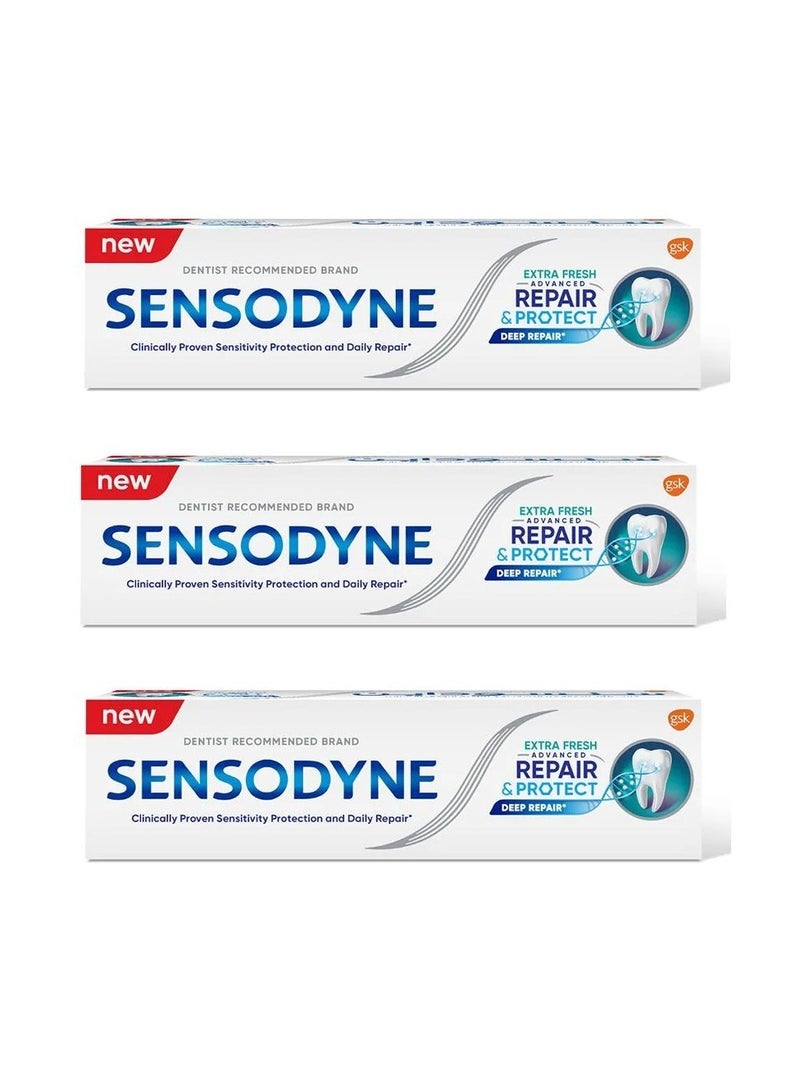 سنسوداين 3 قطع من معجون اسنان  المطور ترميم  وحماية  مع تبييض  75 مل