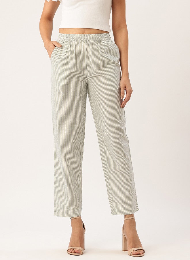 Rue Collection Striped Cotton Trousers for Women - Image 1