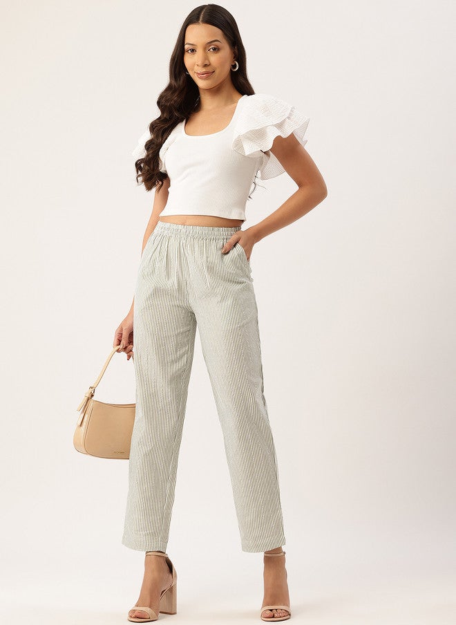 Rue Collection Striped Cotton Trousers for Women - Image 4