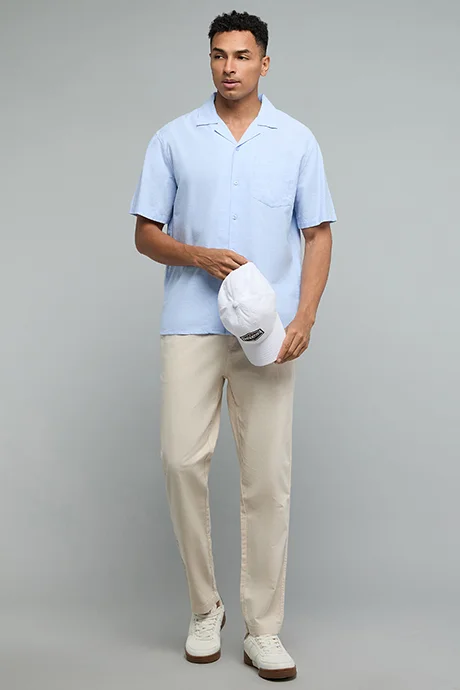 R&b Textured Shirt with Revere Collar and Short Sleeves