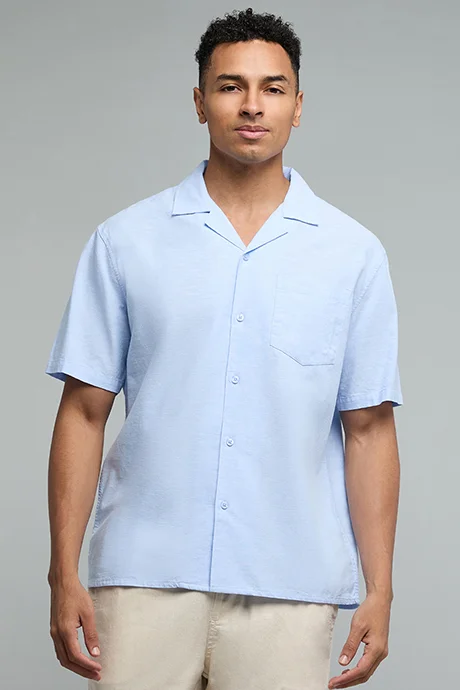 R&b Textured Shirt with Revere Collar and Short Sleeves