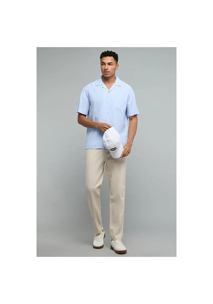 R&b Textured Shirt with Revere Collar and Short Sleeves