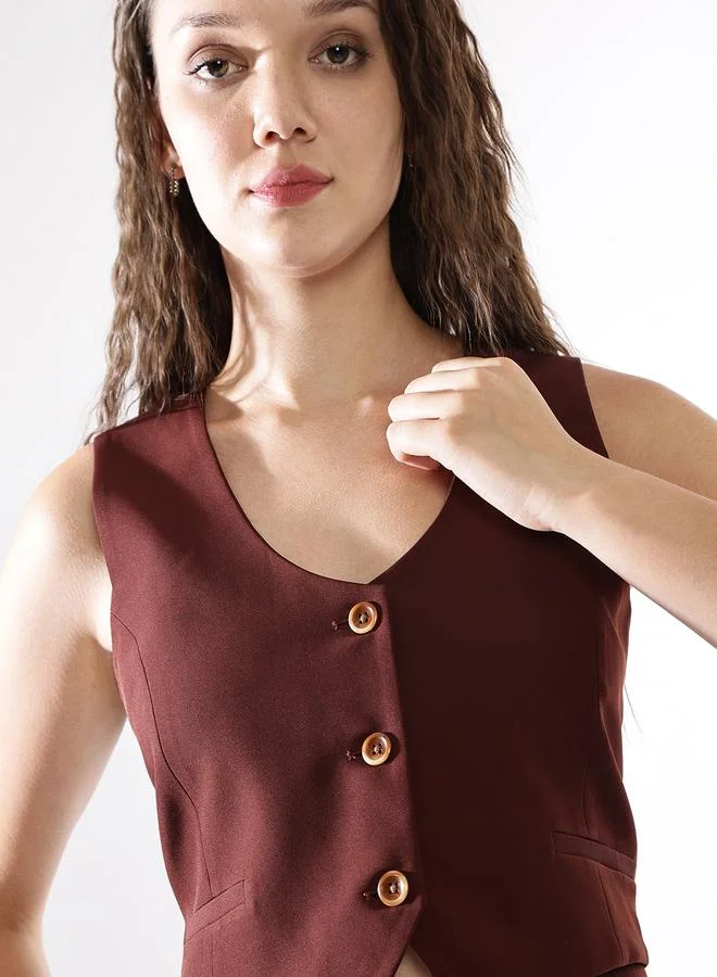 HIGH STAR Women's Brown 100% Polyester Solid Pattern Regular Fit Waistcoat