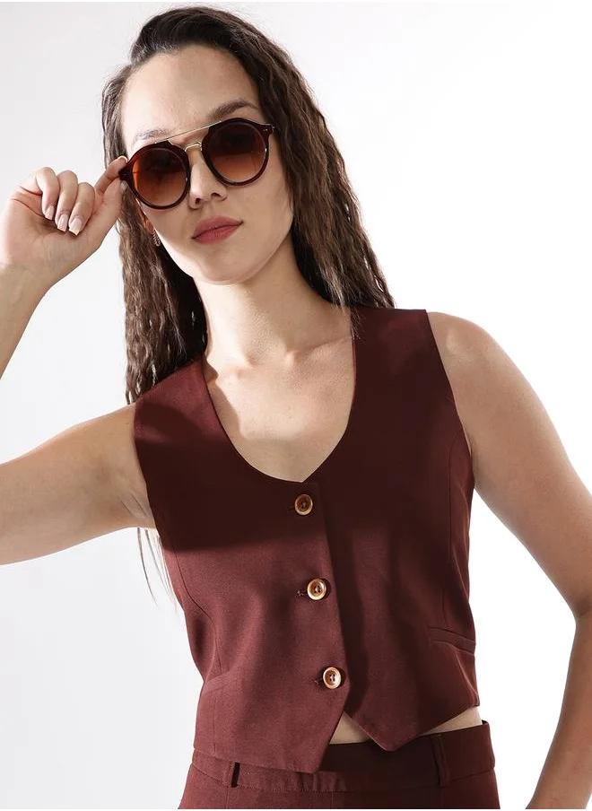 HIGH STAR Women's Brown Polyester Blend Solid Regular Fit Waistcoat