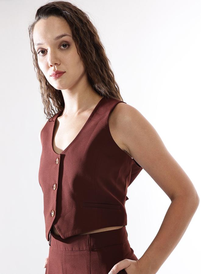 HIGH STAR Women's Brown 100% Polyester Solid Pattern Regular Fit Waistcoat  - Image 3
