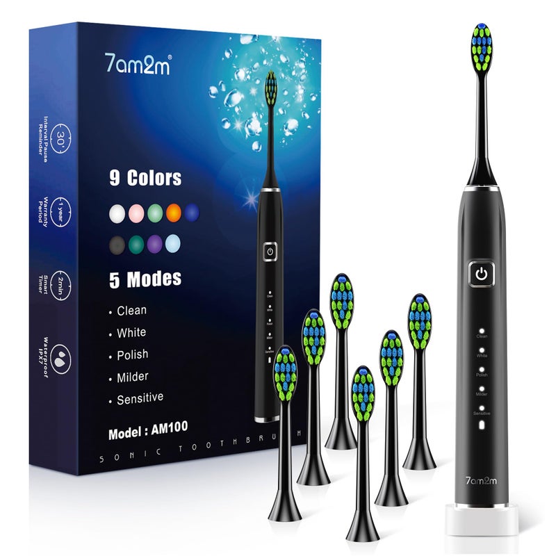 7AM2M Sonic Electric Toothbrush with 6 Brush Heads for Adults&Kids, One Charge for 120 Days, Wireless Fast Charge, 5 Modes, 40000VPM Powered Toothbrush, 2 Minutes Built in Smart Timer (Black) - Image 1