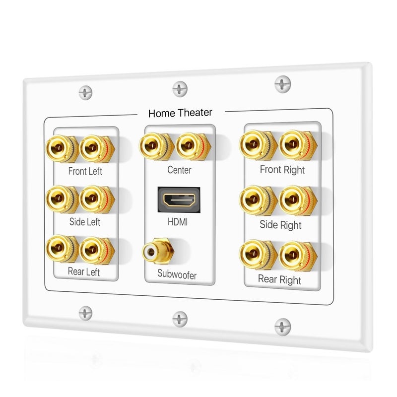 TNP Products TNP Home Theater Speaker Wall Plate Outlet - 7.1 Surround Sound Audio Distribution Panel, Gold Plated Copper Banana Plug Binding Coupler, RCA LFE Jack for Subwoofer, HDMI 4K ARC/eARC Full HD (3-Gang) - Image 1
