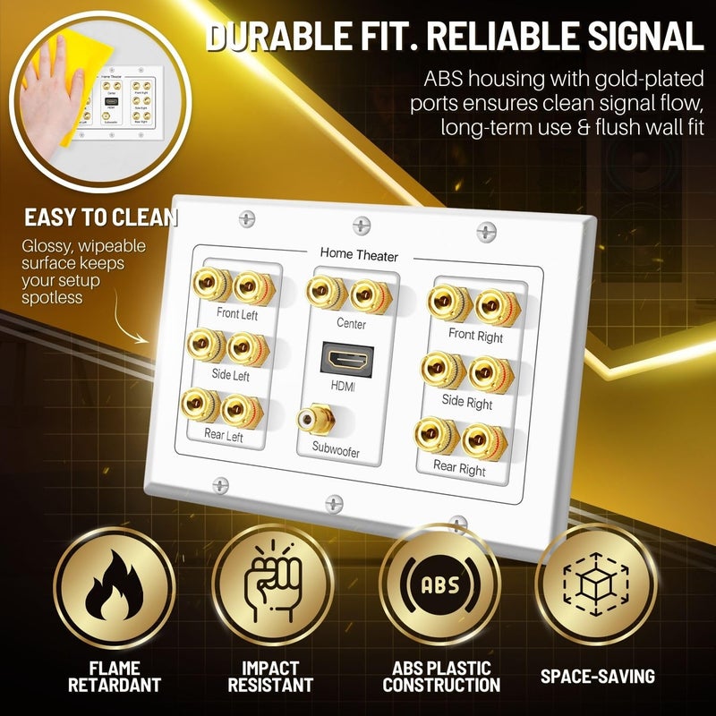 TNP Products TNP Home Theater Speaker Wall Plate Outlet - 7.1 Surround Sound Audio Distribution Panel, Gold Plated Copper Banana Plug Binding Coupler, RCA LFE Jack for Subwoofer, HDMI 4K ARC/eARC Full HD (3-Gang) - Image 3