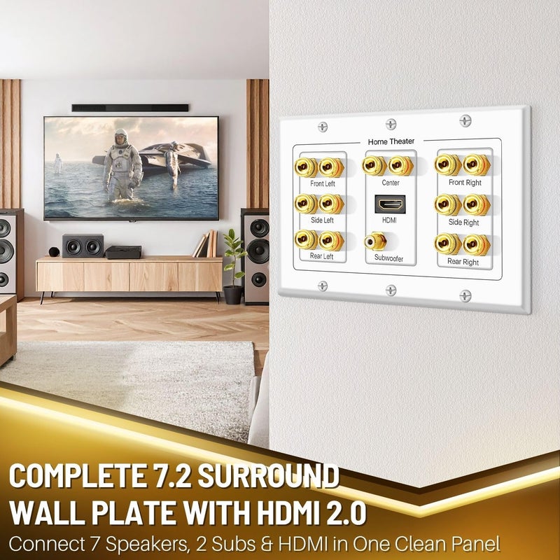 TNP Products TNP Home Theater Speaker Wall Plate Outlet - 7.1 Surround Sound Audio Distribution Panel, Gold Plated Copper Banana Plug Binding Coupler, RCA LFE Jack for Subwoofer, HDMI 4K ARC/eARC Full HD (3-Gang) - Image 2