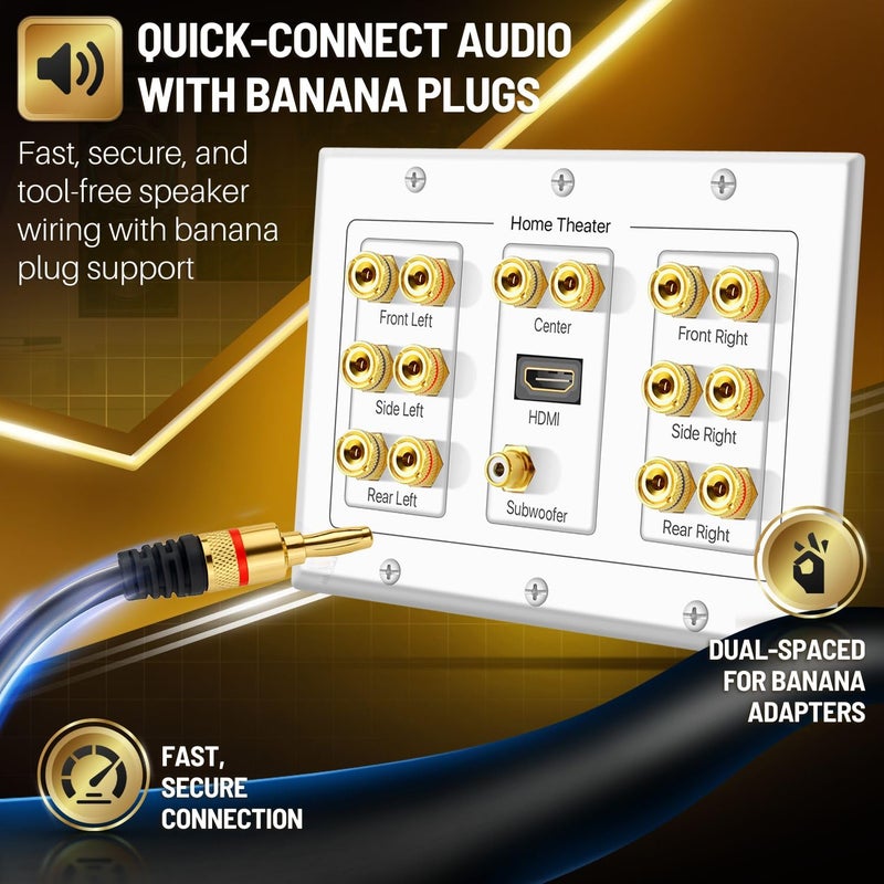 TNP Products TNP Home Theater Speaker Wall Plate Outlet - 7.1 Surround Sound Audio Distribution Panel, Gold Plated Copper Banana Plug Binding Coupler, RCA LFE Jack for Subwoofer, HDMI 4K ARC/eARC Full HD (3-Gang) - Image 5