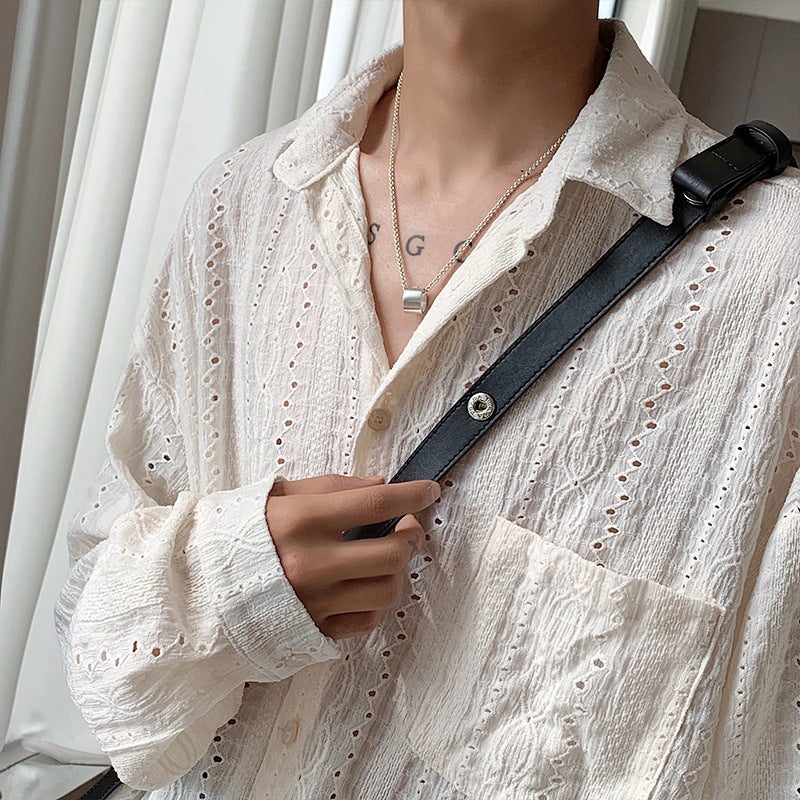 Light Luxury Niche Hollow Design Sense Shirt Mens Ins Neutral Puffy Handsome Loose Long-sleeved Shirt Trendy Chanel Style Coat C43-apricot [high quality]]
