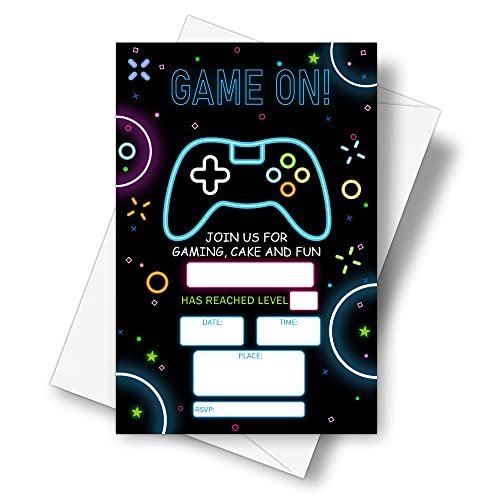 DETIHO 4" x 6" Video Game Theme Birthday Party Invitation Cards With Envelopes - Game On - Gaming Party Invitation - 20 Sets - E39 - Image 1