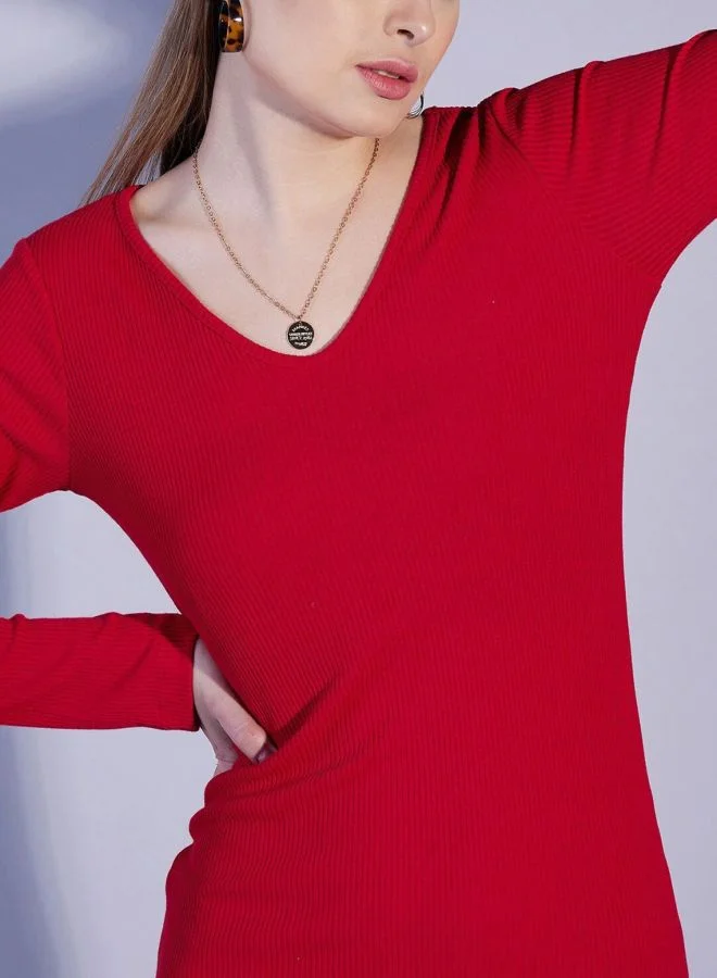 Freehand  Women Regular Fit Solid V-Neck Long Sleeve Dress for Women | Best Price UAE