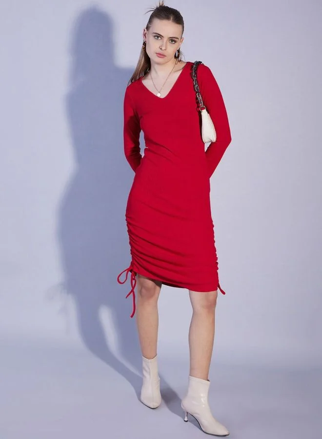 Women Regular Fit Solid V-Neck Long Sleeve Dress