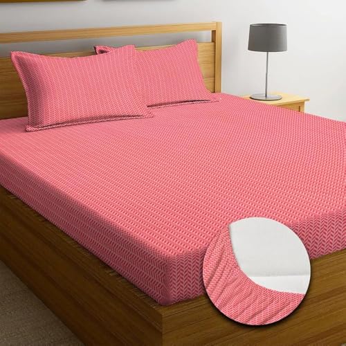 NEW LEAF Premium Cotton 210 TC Elastic Fitted Bedsheets With 2 Pillow Covers | Double/King Bed With All Around Elastic Wrinklefree Supersoft Breathable |Size-78 X72+8 Inches |Texture, Dark Pink - Image 1