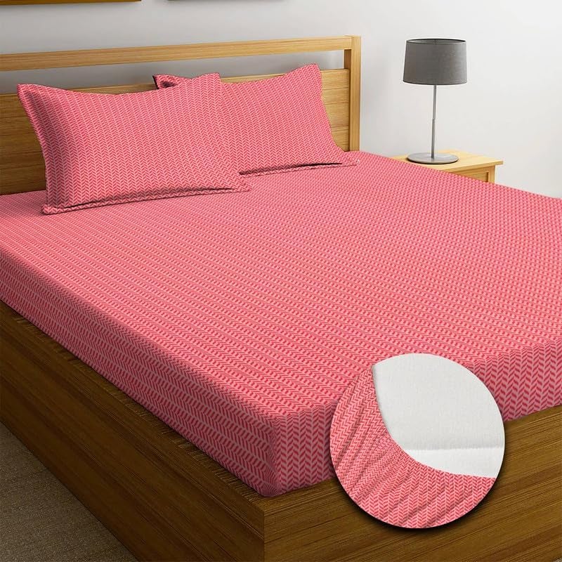 NEW LEAF Premium Cotton 210 TC Elastic Fitted Bedsheets With 2 Pillow Covers | Double/King Bed With All Around Elastic Wrinklefree Supersoft Breathable |Size-78 X72+8 Inches |Texture, Dark Pink - Image 5