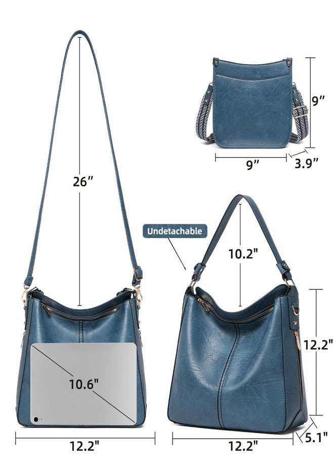 BAVERGE Purses for Women 3PCS, Crossbody Bags Set Large Leather Purse Shoulder Handbags with Wallet Adjustable Straps for Ladies Tote, Blue, Medium-12.2", Solid - Image 4
