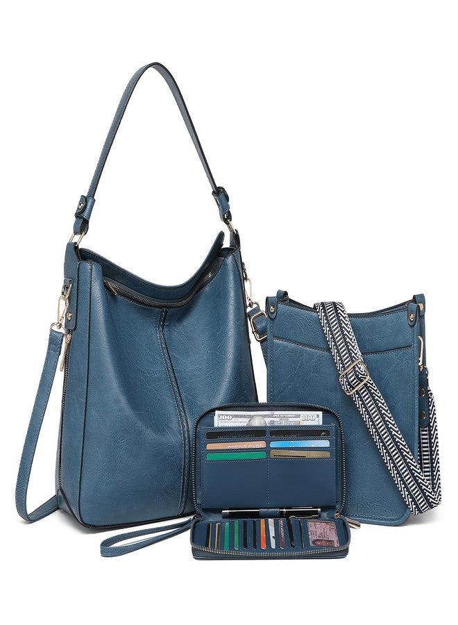 BAVERGE Purses for Women 3PCS, Crossbody Bags Set Large Leather Purse Shoulder Handbags with Wallet Adjustable Straps for Ladies Tote, Blue, Medium-12.2", Solid - Image 1