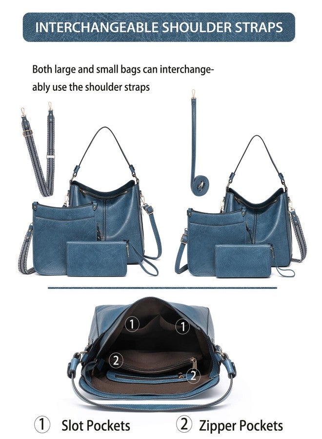 BAVERGE Purses for Women 3PCS, Crossbody Bags Set Large Leather Purse Shoulder Handbags with Wallet Adjustable Straps for Ladies Tote, Blue, Medium-12.2", Solid - Image 5