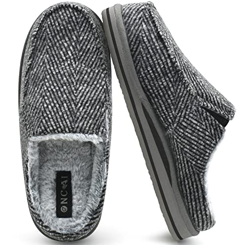 ONCAI Slipper for Men 2025 with Arch Support,Cotton-Blend Memory Foam House Slippers for Man Warm Strips Fluff Plush Wool-like Clogs with Rubber Sole Grey Size 10 - Image 1