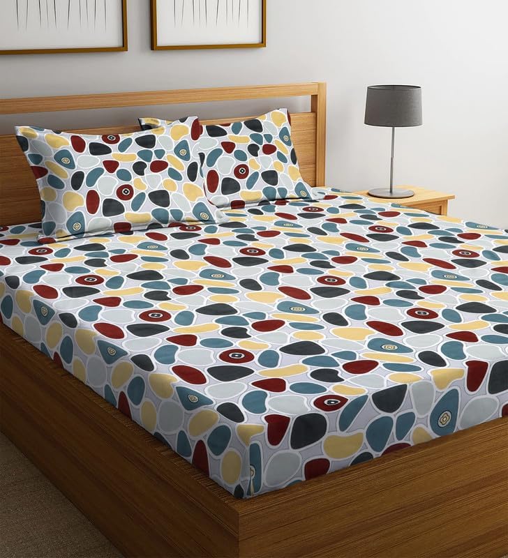 innovative edge Fitted Printed Bedsheet, Bedsheet for Double Bed King Size, Double Bed Sheet with Pillow Cover with Elastic, 6 by 6.5 Elastic Bed Sheet, 300-350 Tc, Fits Upto 6 Inches, Multicolor - Image 1