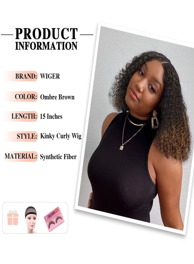 WIGER Short Bob Lace Front Wigs Middle Part Wigs Pre Plucked Curly 13x4x1 T Lace Part Wigs Ombre Brown Afro Kinky Curly Wigs Synthetic Curly Wig for African American women - Image 4