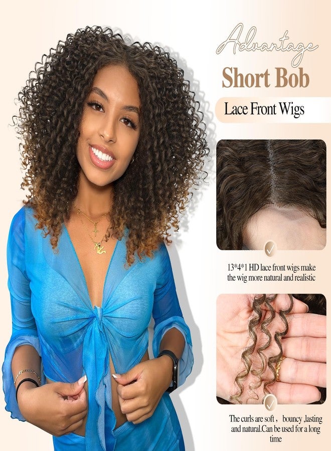 WIGER Short Bob Lace Front Wigs Middle Part Wigs Pre Plucked Curly 13x4x1 T Lace Part Wigs Ombre Brown Afro Kinky Curly Wigs Synthetic Curly Wig for African American women - Image 5