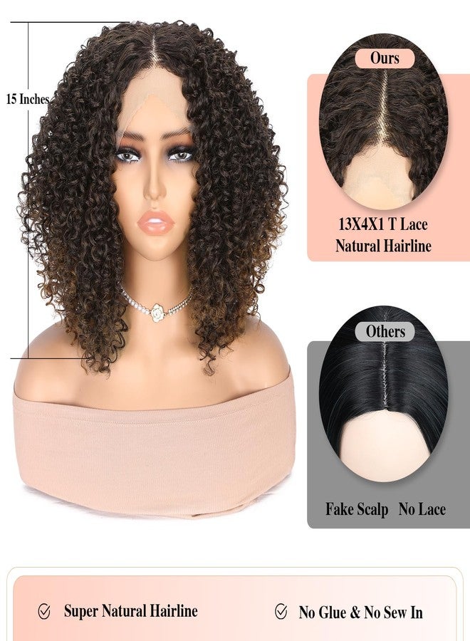 WIGER Short Bob Lace Front Wigs Middle Part Wigs Pre Plucked Curly 13x4x1 T Lace Part Wigs Ombre Brown Afro Kinky Curly Wigs Synthetic Curly Wig for African American women - Image 2