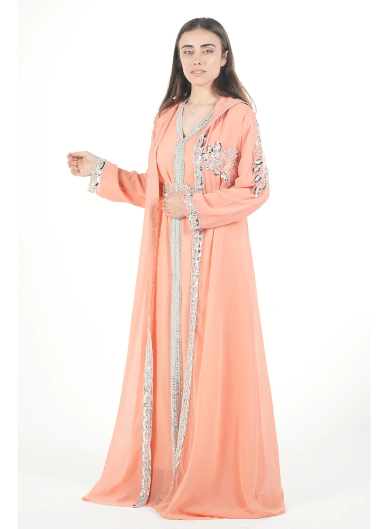 AL BENT AL SHARQIEH Peach embroidered kaftan dress jalabia for Women | Best Price UAE