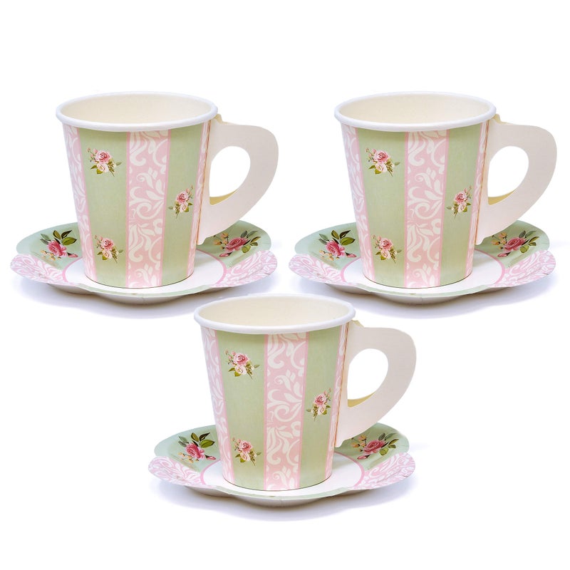Gift Boutique 24 Disposable Tea Party Cup and Plates, Paper Teacups & Saucer with Handle for Birthday Princess Floral Tea Party Baby Shower Decoration - Image 1
