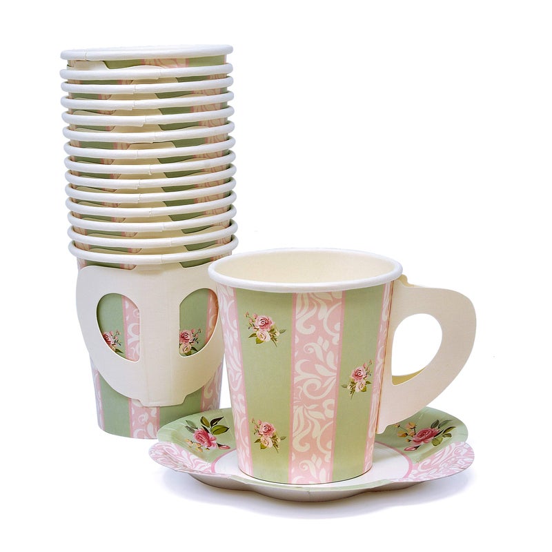 Gift Boutique 24 Disposable Tea Party Cup and Plates, Paper Teacups & Saucer with Handle for Birthday Princess Floral Tea Party Baby Shower Decoration - Image 2